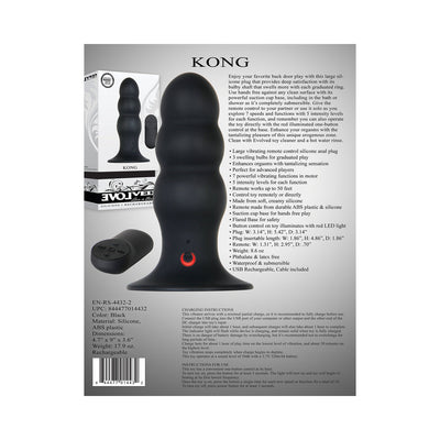 Black silicone rechargeable anal plug with three graduated bulbs, suction cup base, and remote control shown with packaging and product details.