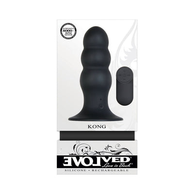 Black silicone rechargeable anal plug with remote control, featuring a bulbed design and suction cup base in branded packaging.