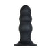 Black silicone anal plug with graduated bulbous design and wide suction cup base, rechargeable and waterproof.