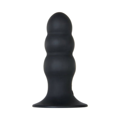 Black silicone anal plug with graduated bulbous shaft and wide suction cup base, standing upright on white background.