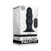 Black silicone rechargeable anal plug with remote control displayed on white and gray decorative packaging.