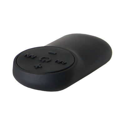 Black silicone remote control with raised buttons for Evolved Kong Rechargeable Anal Plug.