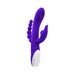 Purple triple-stimulation vibrator with curved shaft, textured beaded arm, and white control panel with three buttons.
