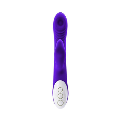 Purple triple-stimulation vibrator with three motors, textured curved shaft, and white control panel with three buttons.