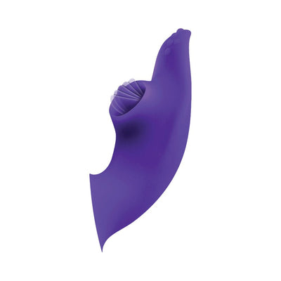 Purple triple-stimulation vibrator with curved shaft, textured fin, and rotating licking feature in smooth silicone.