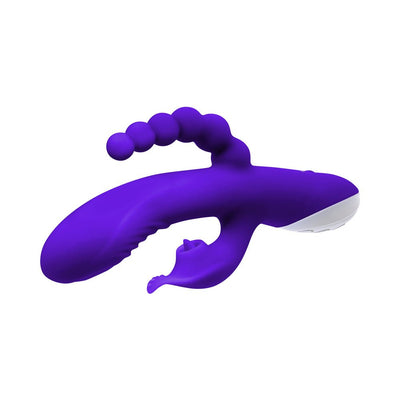 Purple triple-stimulation vibrator with curved shaft, beaded arm, textured fin, and white control handle.