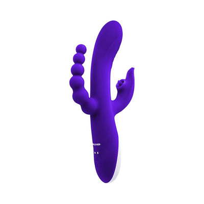 Purple triple-stimulation vibrator with curved shaft, beaded arm, and textured fin, featuring a white control handle.