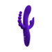 Purple triple-stimulation vibrator with curved shaft, beaded arm, and textured fin, featuring a white control handle.
