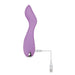 Purple ergonomic G-spot vibrator with curved design and USB charging cable attached on white background.