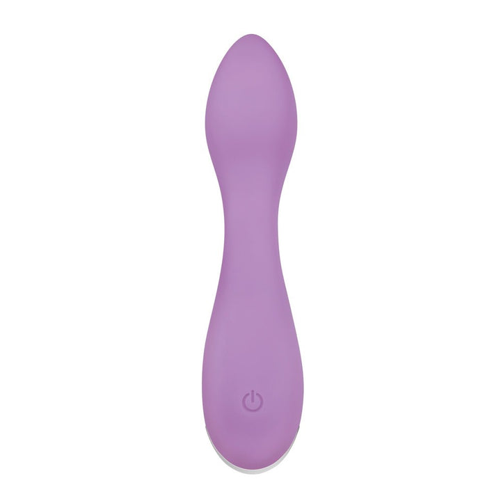 Purple ergonomic G-spot vibrator with smooth curved shape and one-button control on a white background.