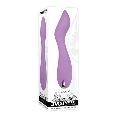 Purple ergonomic G-spot vibrator with curved design, displayed in white packaging with floral accents and branding.
