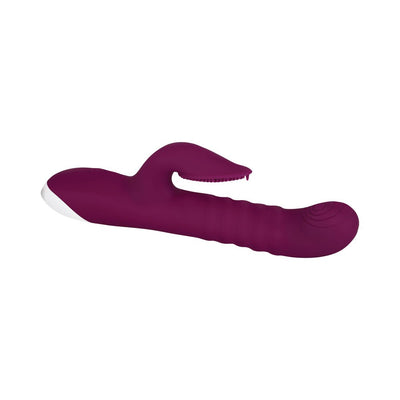 Purple multi-functional thrusting vibrator with textured clitoral stimulator and curved shaft design.