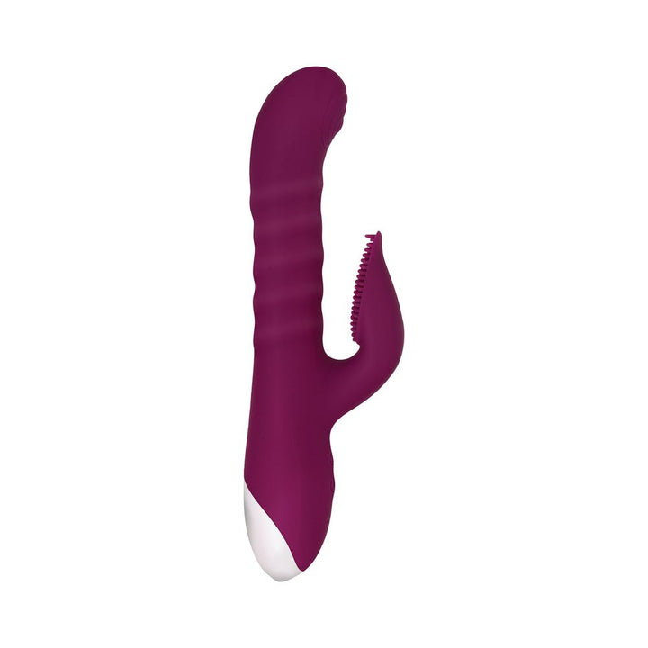 Purple dual-motor silicone vibrator with textured shaft and clitoral stimulator attachment.