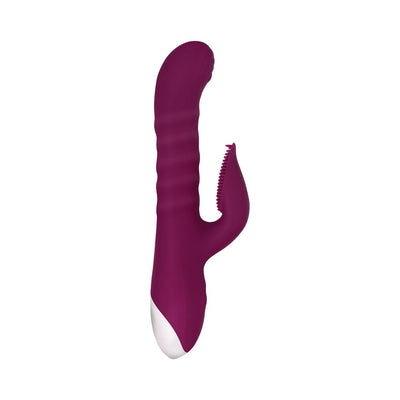 Purple dual-motor silicone vibrator with textured shaft and clitoral stimulator attachment.