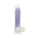 Purple translucent dildo with realistic texture and suction cup base on white background