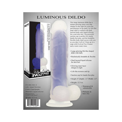 Purple and clear luminous dildo with suction cup and packaging showing product features and specifications.