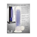 Purple and clear luminous dildo with suction cup and packaging showing product features and specifications.