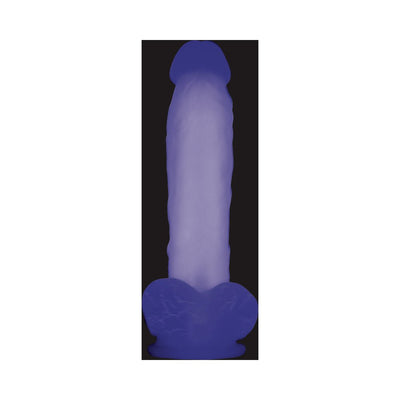Purple glow-in-the-dark flexible dildo with realistic texture and suction cup base.