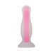 Small pink glow-in-the-dark silicone plug with flared base and suction cup for hands-free use.