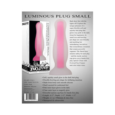 Packaging of Evolved Luminous Plug Small in pink, showing the glow-in-the-dark flexible silicone plug with suction cup base.