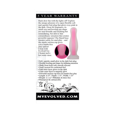 Packaging back of Evolved Luminous Plug Small in pink showing product features, usage instructions, and warranty details.