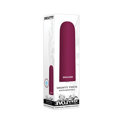 Evolved Mighty Thick rechargeable vibrating bullet in burgundy with smooth ABS finish shown in retail packaging.