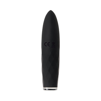 Sleek black rechargeable silicone bullet vibrator with tapered tip and textured grip, designed for waterproof use.