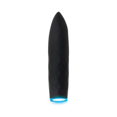 Black rechargeable silicone bullet vibrator with tapered tip and glowing blue light base.