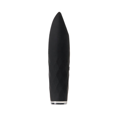 Black rechargeable silicone bullet vibrator with tapered tip and textured surface, designed for waterproof use.