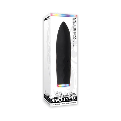 Black silicone rechargeable bullet vibrator with light-up base in white packaging box.