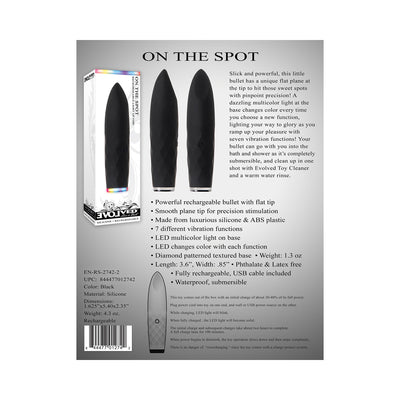 Black rechargeable silicone bullet vibrator with textured base and LED light, shown with packaging and product details.