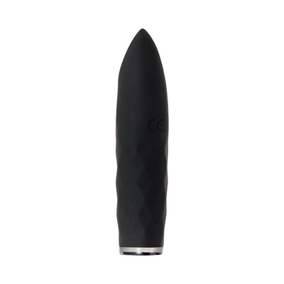 Black rechargeable silicone bullet vibrator with tapered tip and textured grip, designed for waterproof use.