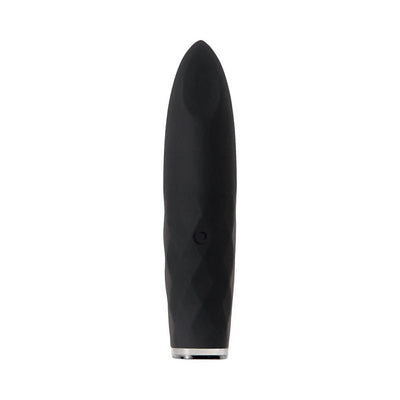 Black rechargeable silicone bullet vibrator with textured grip and tapered tip, designed for waterproof use.