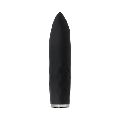 Black rechargeable silicone bullet vibrator with tapered tip and textured surface, designed for waterproof use.