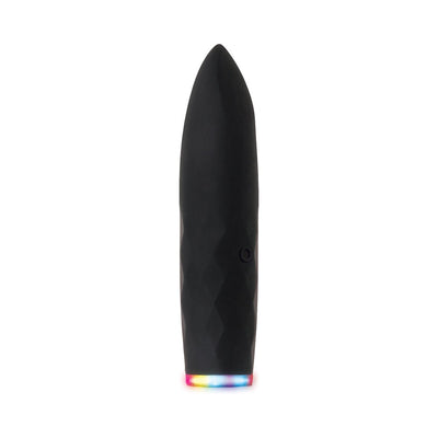 Black silicone bullet vibrator with tapered tip and multicolor light-up base, featuring a textured surface and single button control.