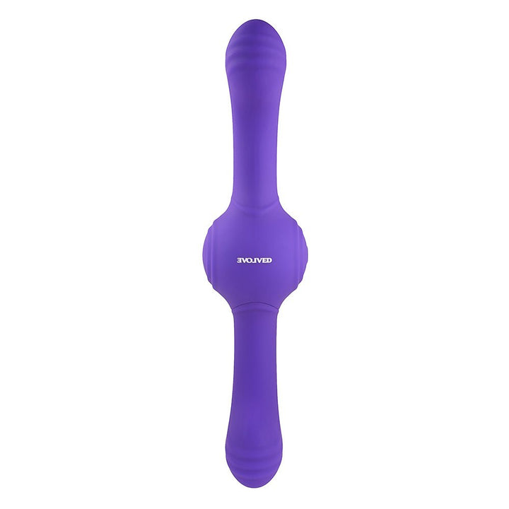 Purple dual-ended silicone vibrator with curved textured tips and central gyrating control ball.