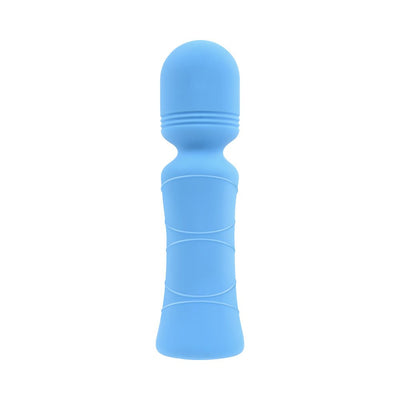 Blue silicone mini wand vibrator with flexible neck and textured handle for easy grip.