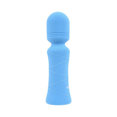 Blue silicone mini wand vibrator with textured handle and flexible neck, designed for targeted stimulation and easy grip.