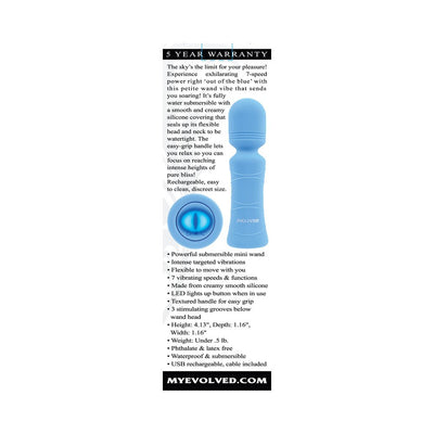 Blue mini wand vibrator with flexible head, textured grip, and LED power button, shown with product features and warranty details.