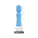 Blue rechargeable mini wand vibrator with flexible head and textured grip, featuring 7 vibration functions and speeds.