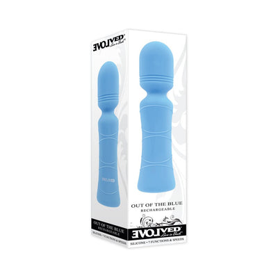Blue rechargeable mini wand vibrator with textured handle and flexible head shown in product packaging.