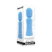 Blue rechargeable mini wand vibrator with textured handle and flexible head shown in product packaging.