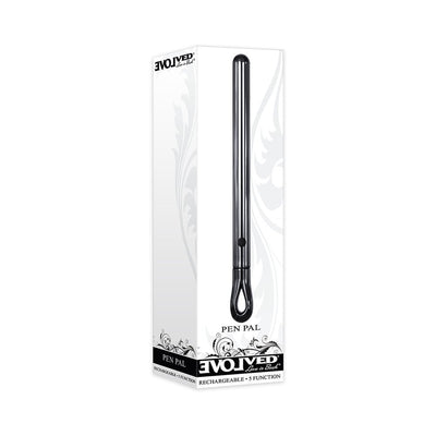 Black sleek metal vibe designed to resemble a pen, shown in its white decorative packaging box.