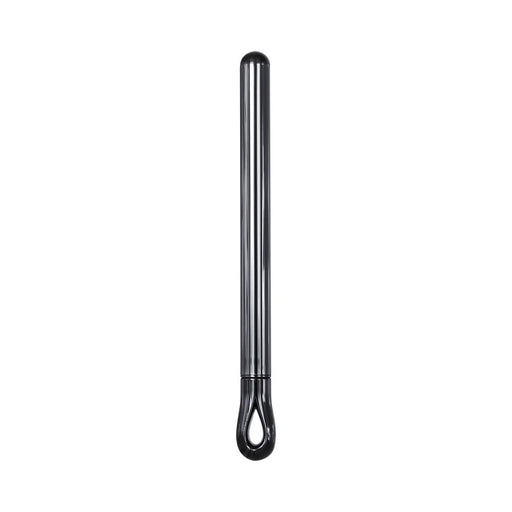 Sleek black stainless steel pen-shaped vibe with a looped handle, designed for discreet portability and easy use.