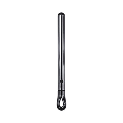 Sleek black metal pen-shaped vibrator with looped handle and single button control on white background.