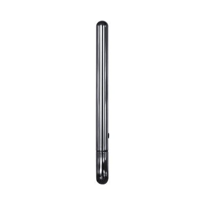 Sleek black chrome metal pen-shaped vibe with a smooth, polished finish and discreet one-button control.
