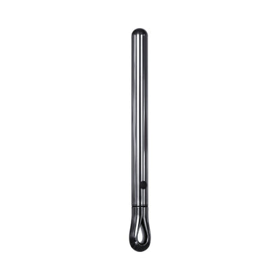 Sleek black chrome metal vibe with a slim pen-like design and looped handle, featuring a single control button.