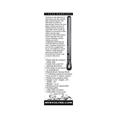 Slim black chrome metal vibe resembling a pen with USB charging base and product features listed alongside.