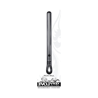 Sleek black metal pen-shaped vibe with a looped handle, featuring one-button control and rechargeable design.