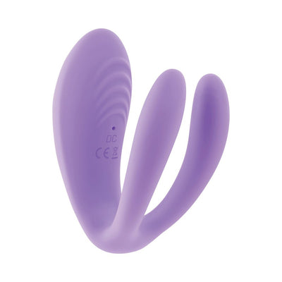 Purple triple-prong flexible mini vibrator with smooth silicone texture and remote control compatibility.